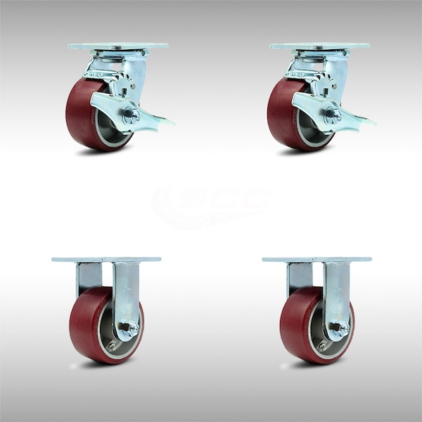 4 Inch SS Poly on Aluminum Caster Set with Roller Bearings 2 Brakes 2 Rigid SCC